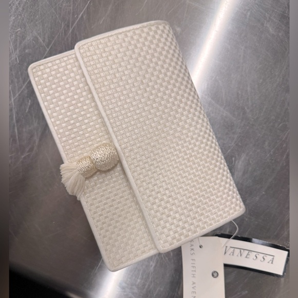 Brand new Saks Fifth Avenue satin white cross weave purse with tassel and tags - Picture 1 of 6